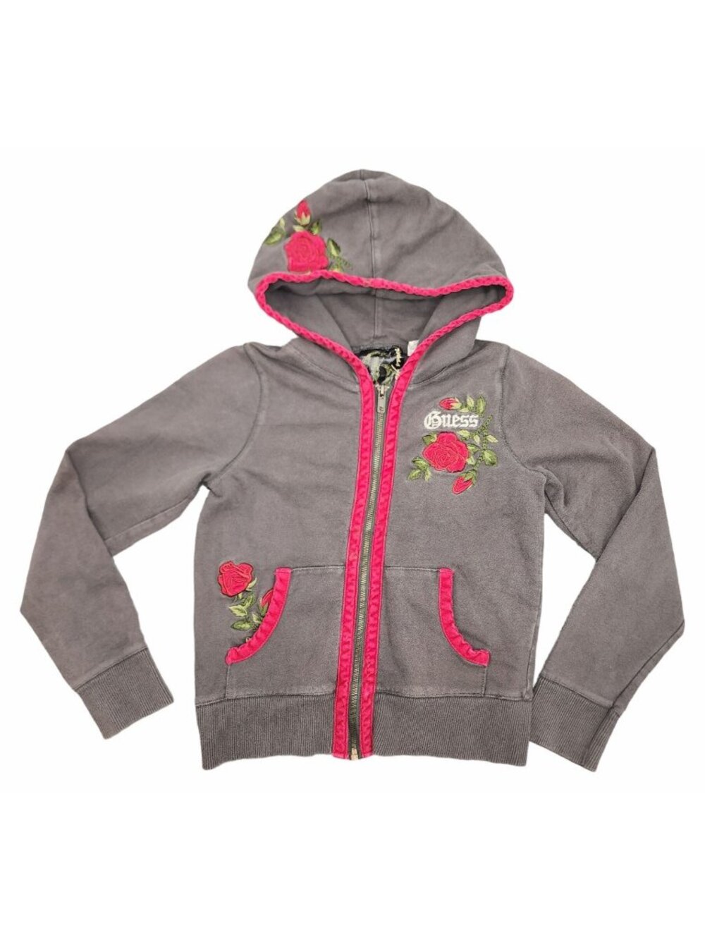 Vintage Y2K Girl's Guess Jeans Rose Embroidered Velvet Trim Hooded Zip-Up Jacket